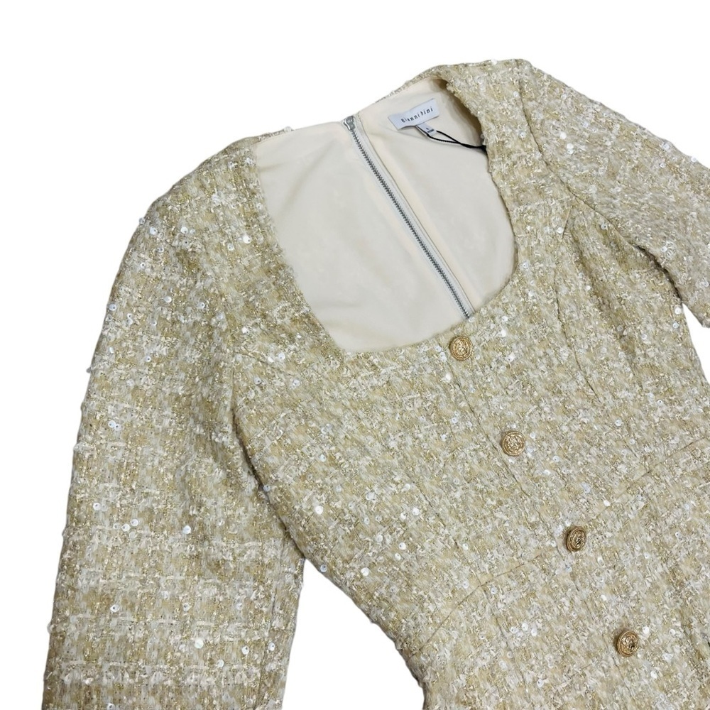 Gianni Bini Lissy Sequin Tweed Long Sleeve Button Front Mini Dress Champagne NEW - Picture 8 of 12